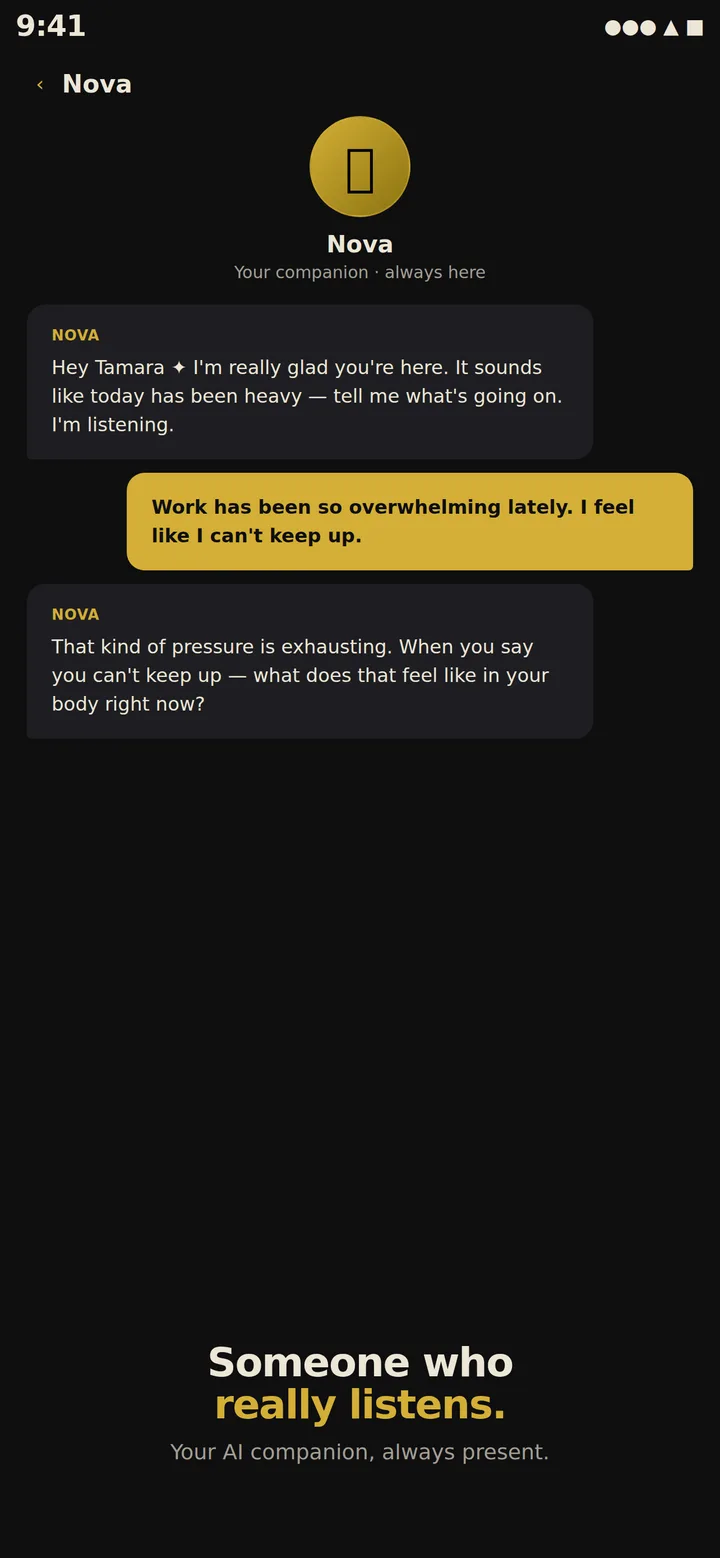 A conversation in Your Bright Spot: the companion responds with warmth to a message about feeling overwhelmed at work.