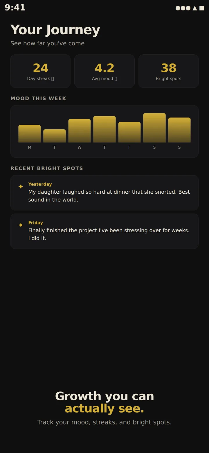 Your Bright Spot journey screen showing streaks, average mood and recent bright spots.