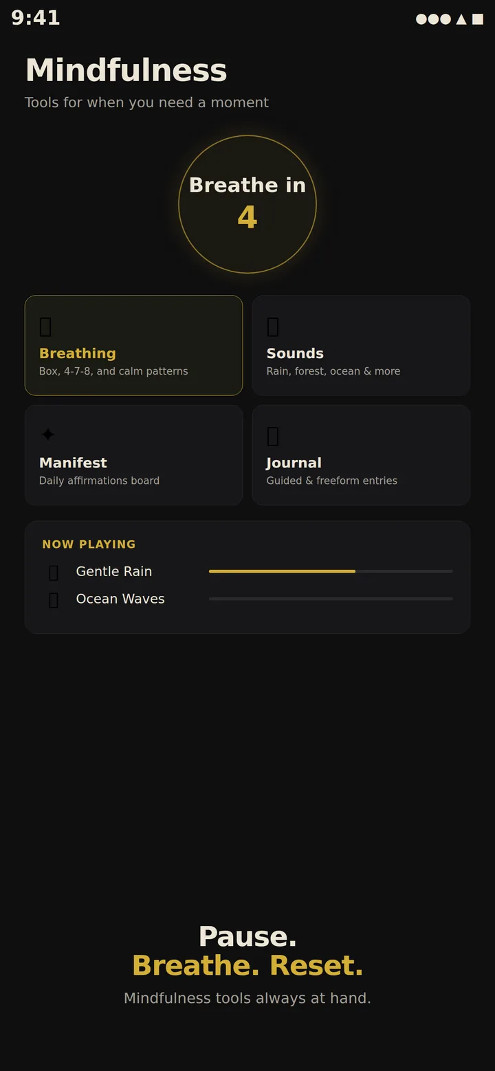 Your Bright Spot mindfulness screen with breathing, sounds, manifest and journal tools.