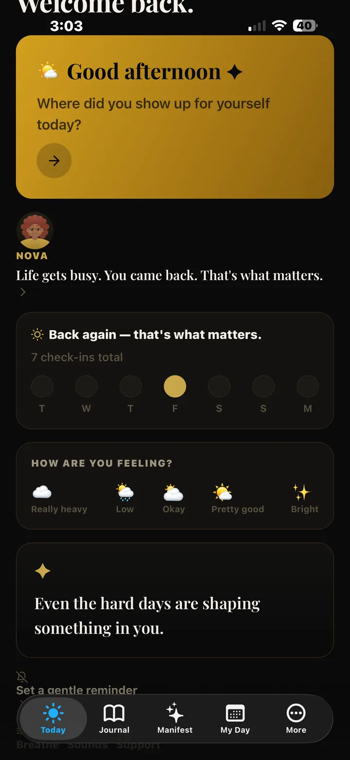 Your Bright Spot daily check-in screen with a greeting from your companion, a weekly check-in streak and a mood selector.