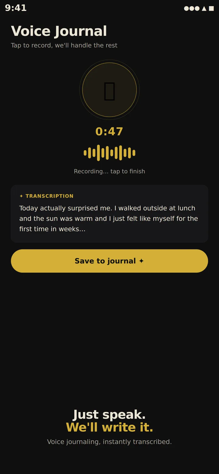 Your Bright Spot voice journal screen recording an entry and showing the live transcription.